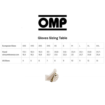 OMP glove sizing table