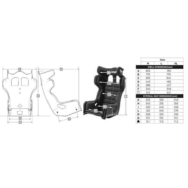 Sabelt Seat GT-PRO size chart