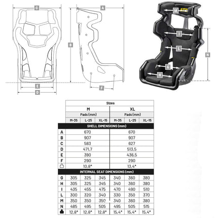 Sabelt Seat Spine size chart M XL